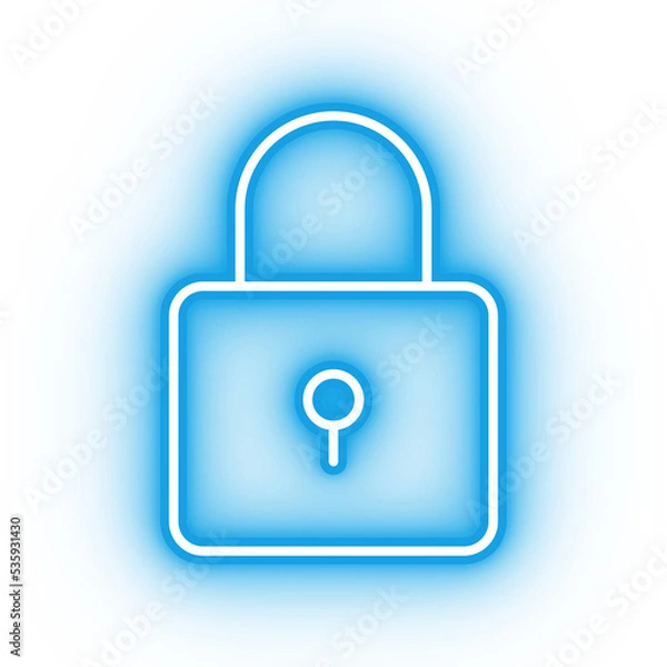 Fototapeta Neon blue lock icon, glowing closed lock icon on transparent background