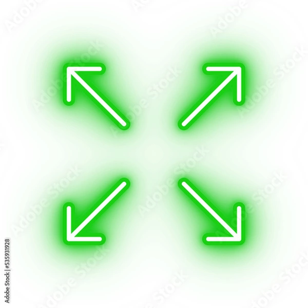 Fototapeta Neon green expand icon, glowing zoom icon on transparent background