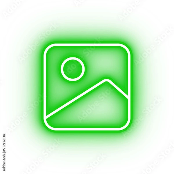 Fototapeta Neon green image icon, glowing photo icon on transparent background