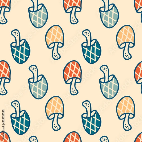 Fototapeta Retro style checkered mushrooms seamless pattern. Autumn print for tee, paper, fabric, textile. Hand drawn vector illustration for decor and design.