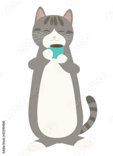 Obraz コーヒー休憩でホッとするグレー猫　背景透明