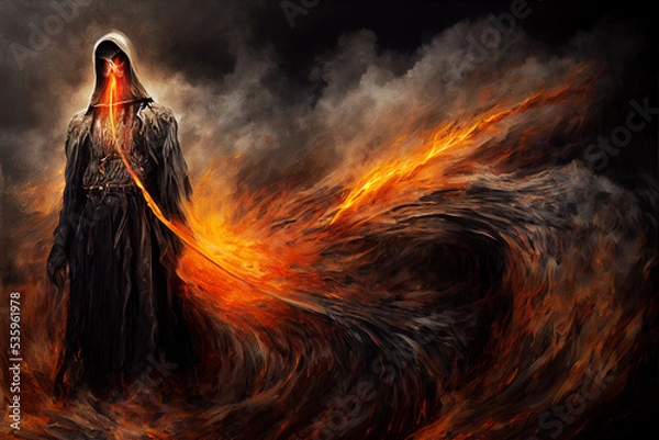 Fototapeta The Fire demon is gaining power. Realistic digital illustration. Fantastic Background. Concept Art. CG Artwork.