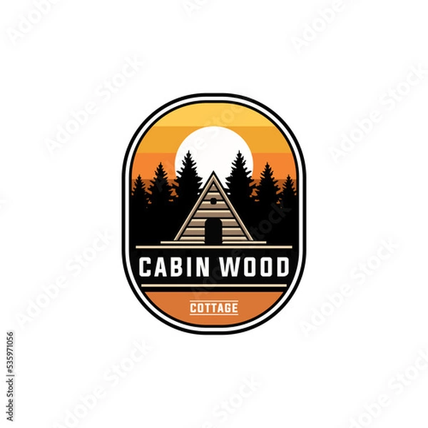 Fototapeta cabin house label vector template. lodge forest cottage graphic in badge patch emblem style illustration.