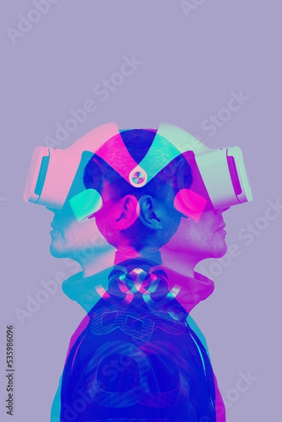 Fototapeta Man is using virtual reality headset. Image with double color exposure effect.