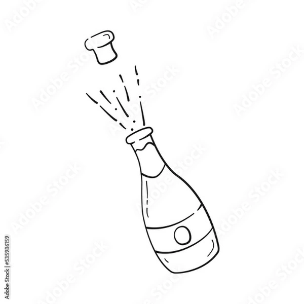 Fototapeta Champagne opening with splash in doodle style. Champagne bottle in black linear drawing style. Png on transparent background