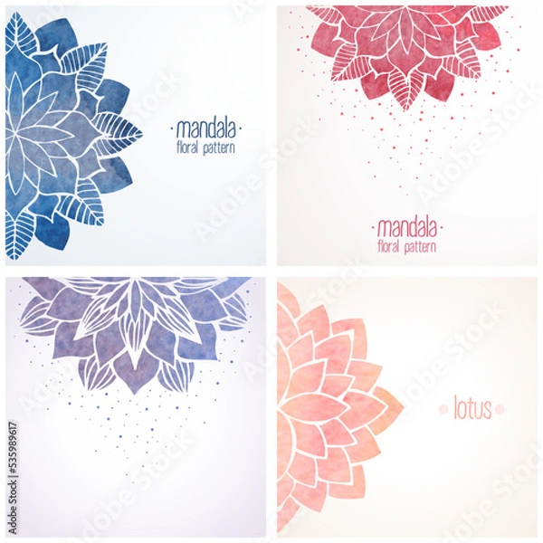 Fototapeta Set of vector templates or backgrounds with watercolor floral pattern, pink and blue flower mandala