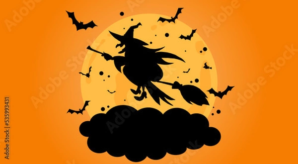 Obraz Silhouette of a beautiful witch flying on a broom against full moon light, wizard with bats. Halloween background, fantasy and magic. Vector illustration