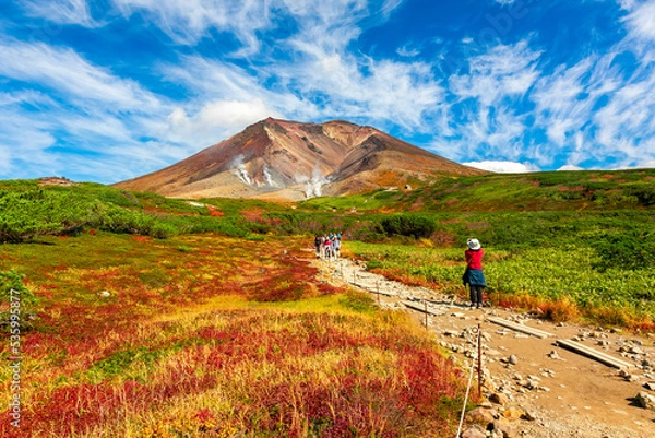 Fototapeta 秋の北海道・大雪山の旭岳で見た、山頂方面に向かって広がる紅葉や緑と、快晴の青空