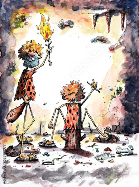Fototapeta A cartoon sketch of two cavemen with one writing painting on a blank cave wall with copy space for your text or image