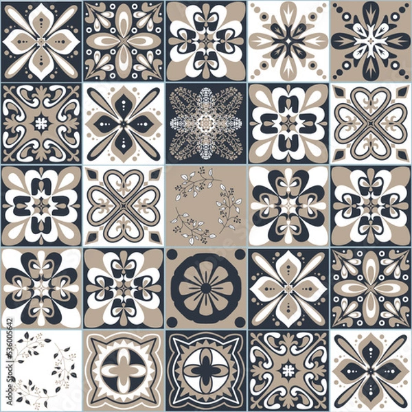 Obraz Black beige white seamless pattern for ceramic tiles in Moroccan Arabic style, vector illustration for interior decoration
