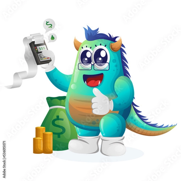 Obraz Cute blue monster make a payment