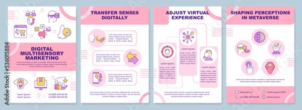 Fototapeta Digital multisensory marketing pink brochure template. Leaflet design with linear icons. Editable 4 vector layouts for presentation, annual reports. Arial-Black, Myriad Pro-Regular fonts used