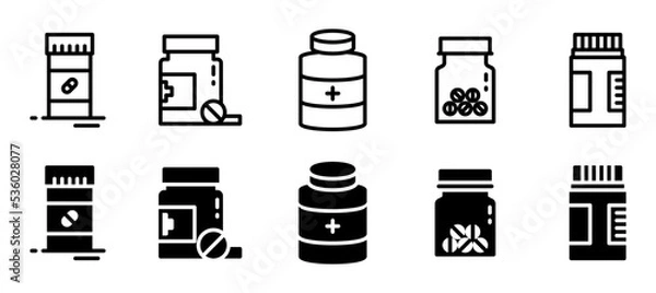 Fototapeta Medical pills bottle icons. line and glyph style version. Different style icons set