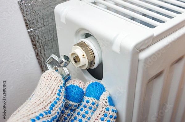 Fototapeta Radiator bleed key in plumber's hand. Adjust heating system, preparing the house for the new cold autumn or winter season.