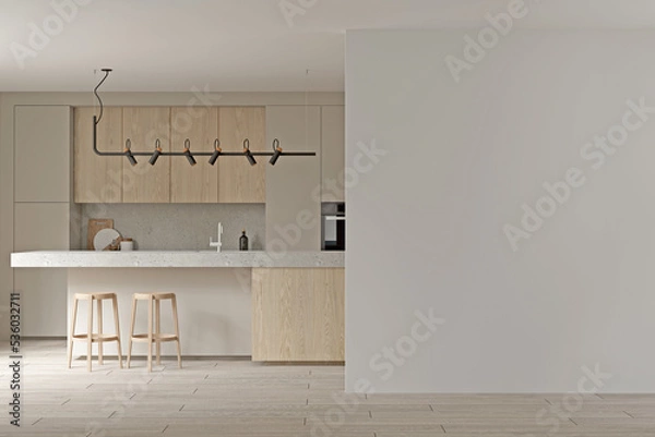 Fototapeta Modern scandinavian kitchen design with empty wall , mock up , 3d rendering