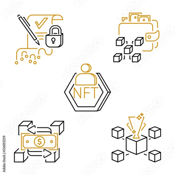 Fototapeta Blockchain icons set. Simple outline drawings of blockchain icons on a white background. Vector icons for websites.