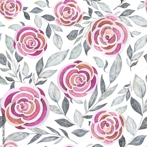 Fototapeta Delicate seamless pattern with greenery and cute flowers for Valentine's Day. Watercolor repeatable background for holiday greetings, Birthday cards