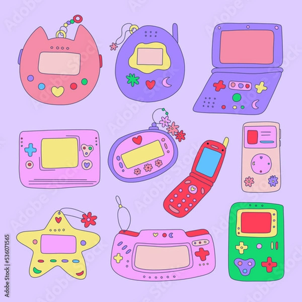 Fototapeta Gamer Girly kawaii items set. y2k game consoles. 00s lifestyle. old computer technology.90s nostalgia digital pocket pet game.Millennial kid. Kid core template for social media. old web collection