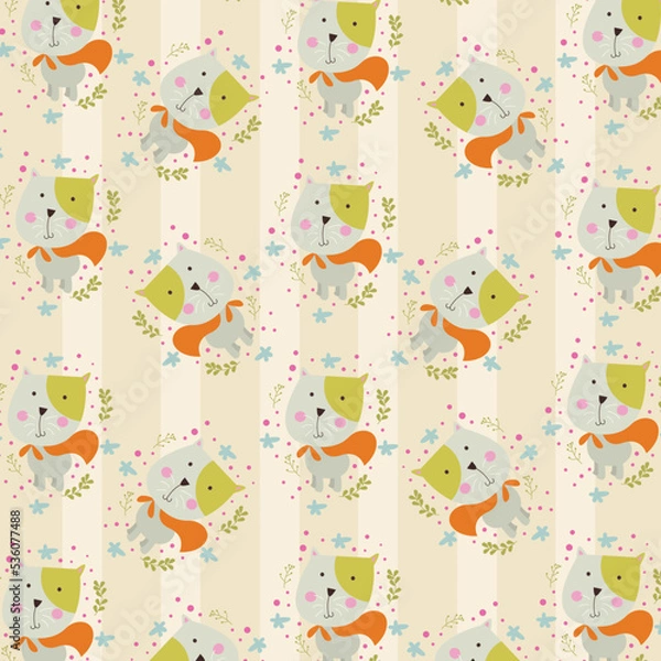 Fototapeta Seamless pattern with cute cat colorful doodle