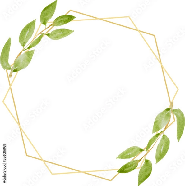 Fototapeta watercolor botanical hand drawing green leafs wreath with golden frame