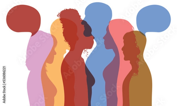 Fototapeta The speech bubble represents a dialogue between people of diverse cultures, with a crowd talking and communicating with one another. Vector cartoon profiles and interviews.