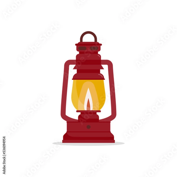 Fototapeta Old lantern isolated. Burgundy retro oil lamp with the flame on. Vector illustration, flat design