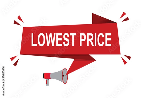 Fototapeta Lowest Price vector illustration. Red vector banner with megaphone and white background.