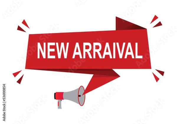Fototapeta New arrival  vector illustration. Red vector banner with megaphone and white background.