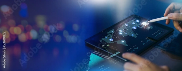Fototapeta Money exchange abroad with business data ai technology. Concept for digital money transfer banking and world economic financial investment trading. 3D illustration banner.