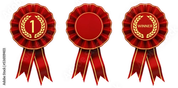 Obraz Set of red and gold rosettes, First place winner ribbon cockades	
