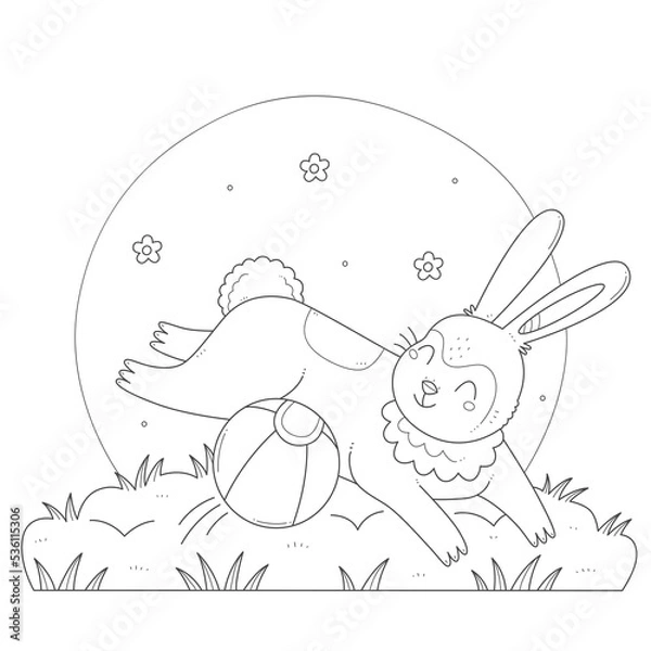 Fototapeta Cute rabbit is playing with a coloring pages ball. A running bunny with a toy children's coloring book. Vector black and white illustration.