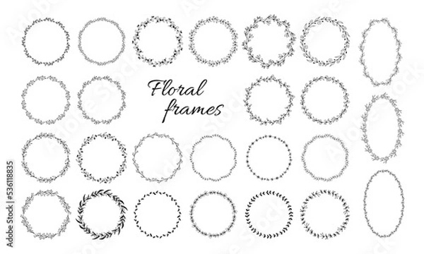 Fototapeta Big set of geometric vector floral frames. Borders decorated with hand drawn delicate flowers, branches, leaves, blossom. Vector illustration