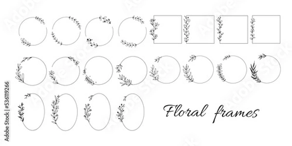 Fototapeta Big set of geometric vector floral frames. Borders decorated with hand drawn delicate flowers, branches, leaves, blossom. Vector illustration