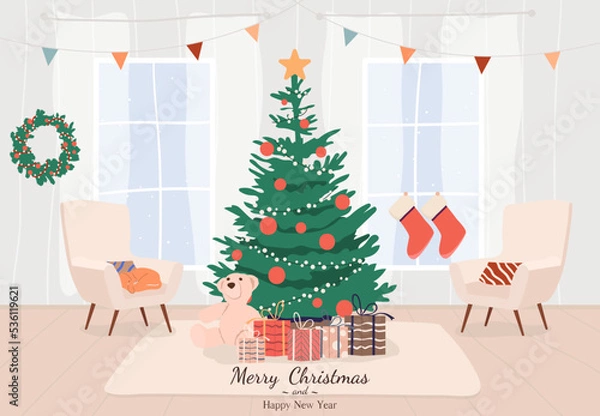 Fototapeta A cozy living room with armchairs and panoramic windows with a Christmas decorated tree and gifts. Flat style vector illustration