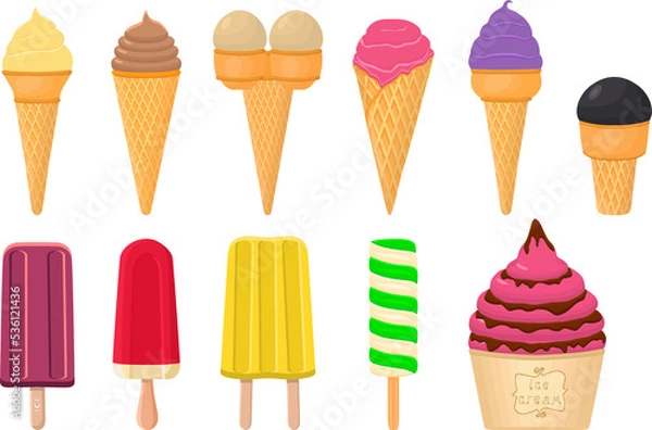 Fototapeta big kit ice cream popsicle different types in cone waffle cup