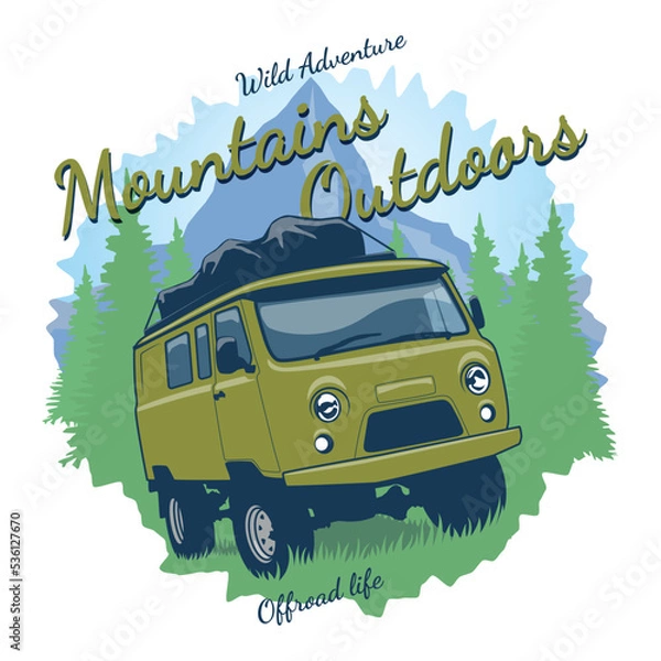 Fototapeta Vector off road car with mountain illustration, T-shirt Graphics, Vintage typography