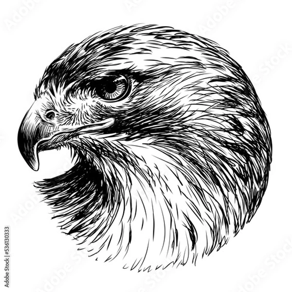 Fototapeta Red-tailed hawk. Graphic, black-and-white portrait of a hawk in sketch style on a white background. Digital vector graphics.