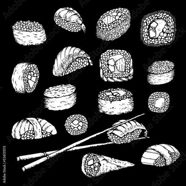 Fototapeta Sushi. Set. Stock vector illustration. Hand drawing. Isolated on black. Black and white sketch. For product packaging, labels. Asian food.Business card for sushi. Sushi menu, sushi bar