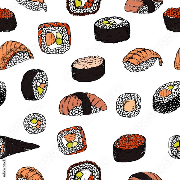 Fototapeta Sushi. Pattern. Stock vector illustration. Hand drawing. Isolated on white. Color sketch. For product packaging, labels. Asian food.Business card for sushi. Sushi menu, sushi bar
