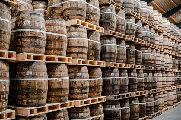 Fototapeta Stored oak barrels in the warehouse of a whisky distillery