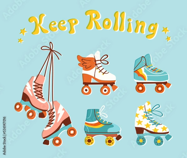 Fototapeta Set of retro roller skates. Vector illustration of various vintage quad skates in colorful flat style. Sneaker, wings and star print style.