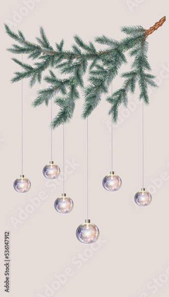 Fototapeta festive Christmas card with spruce branch and garland in the form of glass balls