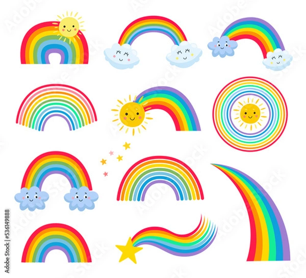 Obraz Different shapes of rainbow vector illustrations set. Cute cloud and sun cartoon characters, stars, childish stickers, patches or badges isolated on white background. Weather, nature, summer concept