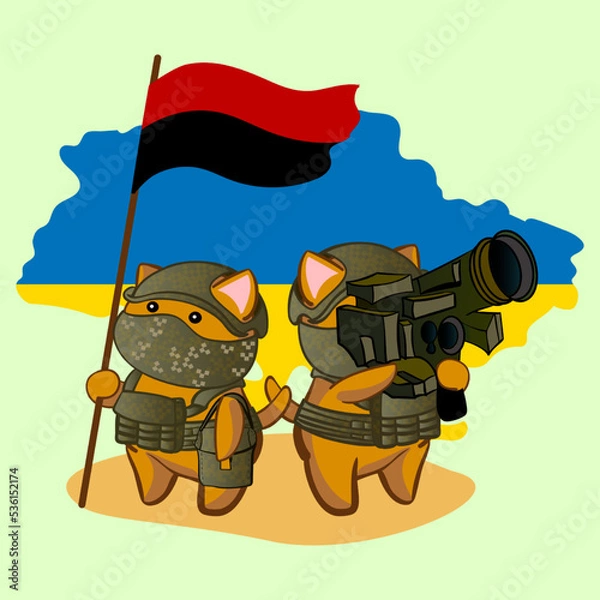 Fototapeta Banner on the theme of the war in Ukraine with cartoon defenders of war cats in anime style