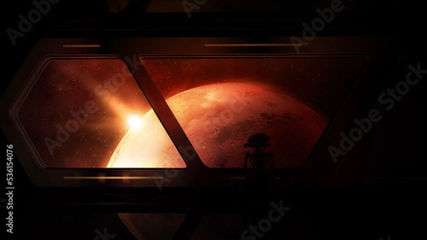 Obraz View of Mars from a spacecraft with a droid on board.