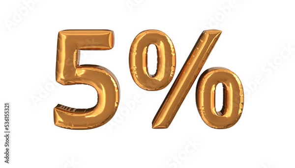 Fototapeta 3d rendering of gold foil balloons text of 5%, suitable for advertising content