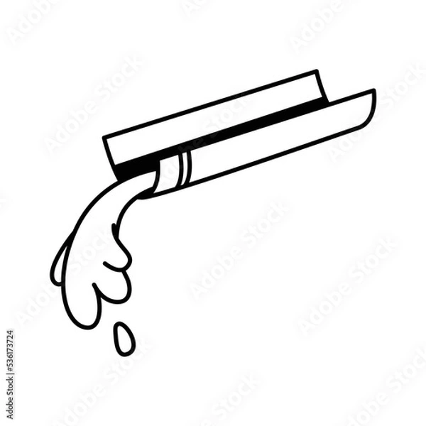 Fototapeta A gutter with a jet of water flowing through it. Gutter for external drainage of water from the roof of the house. A pipe through which water flows. Water jet with splashes in outline style.