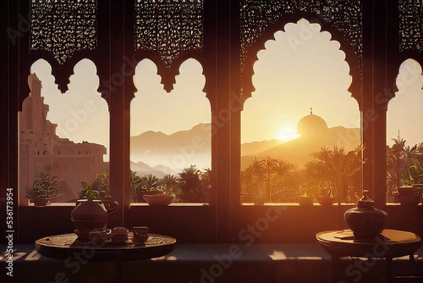 Fototapeta interior of a mosque, middle eastern, morocco building interior background, 3d render, 3d illustration, digital illustration, digital painting, cg artwork, realistic illustration	
