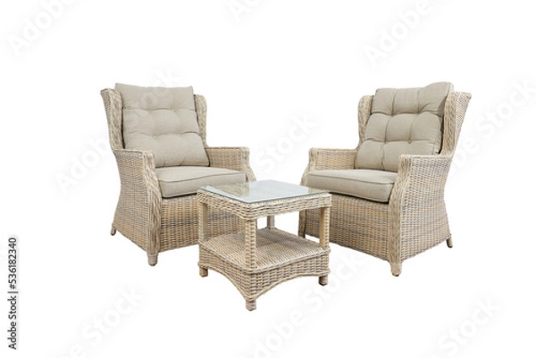 Obraz beige, Rattan chairs and a table outdoors, White background
