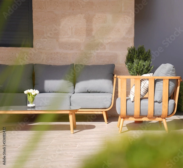 Fototapeta Sofa wood and residential fabric with cushion, modern
